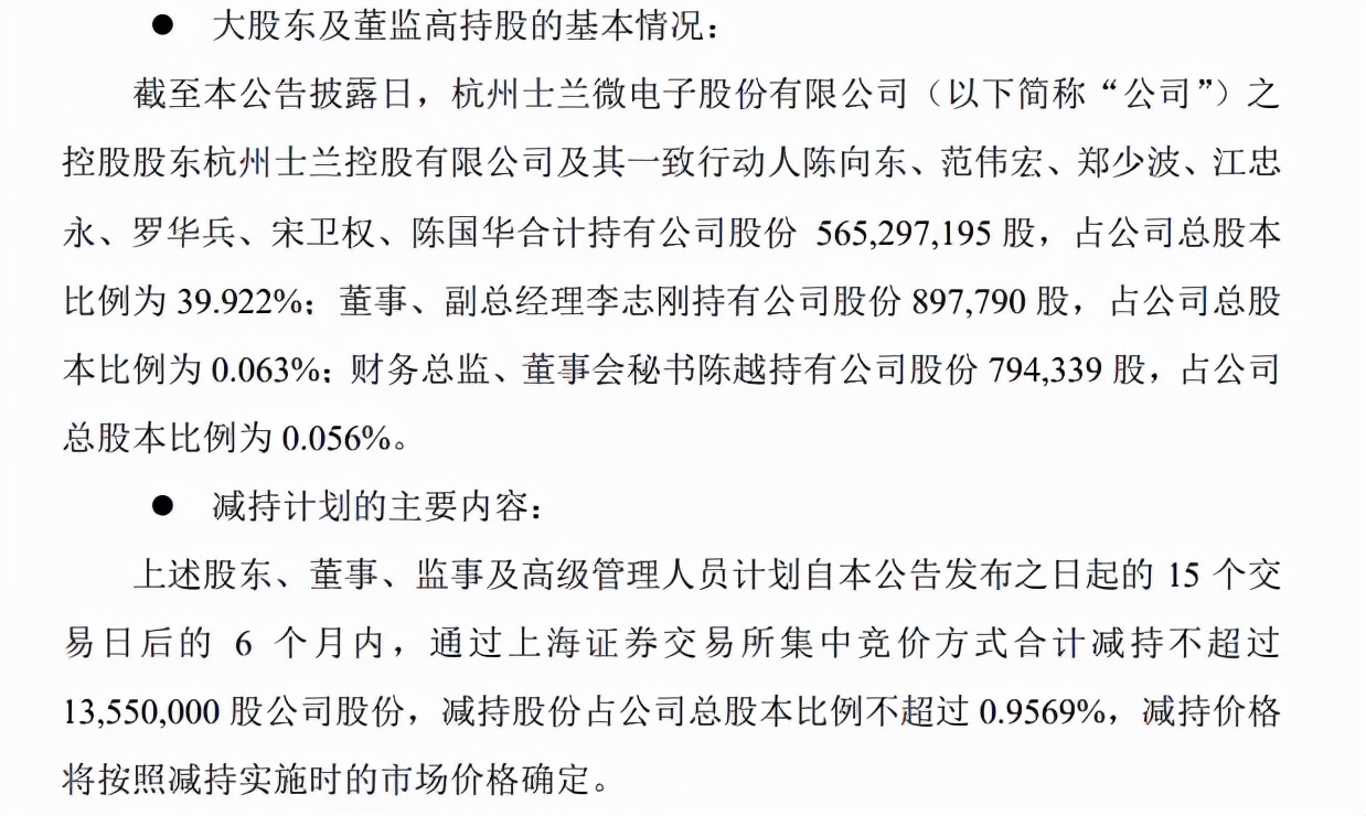 业绩猛增市场前景好士兰微控股股东和高管“趁机”减持1355万股
