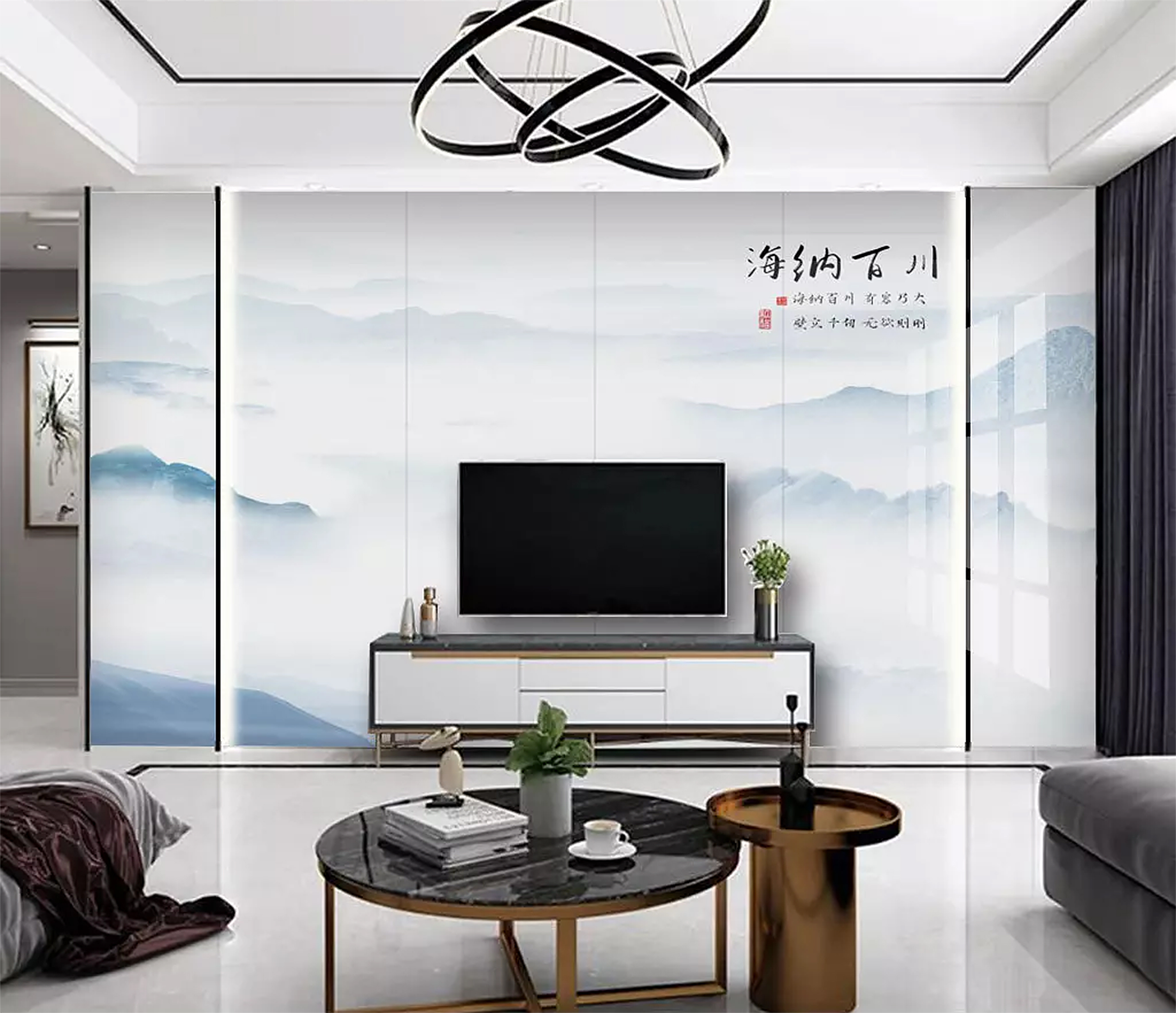 新中式风格瓷砖石材艺术背景墙,大理石瓷砖背景墙效果图