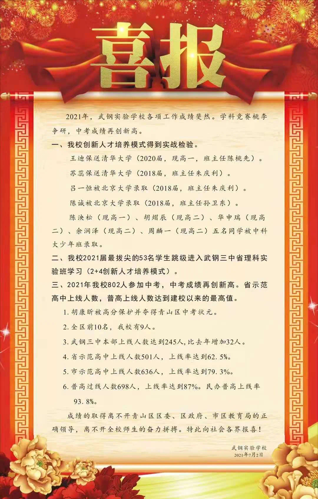2021年武汉市初中中考成绩发布，这三所公办初中普高率超过75%