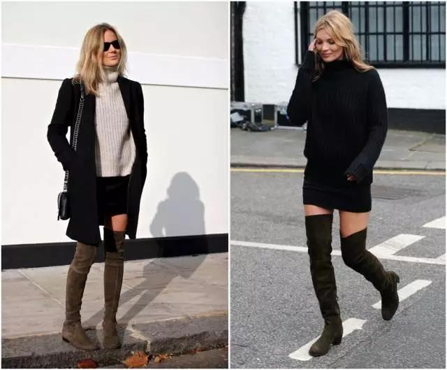 烟灰色牛仔裤怎么搭过膝靴,小香风皮毛外套搭配牛仔裤过膝靴