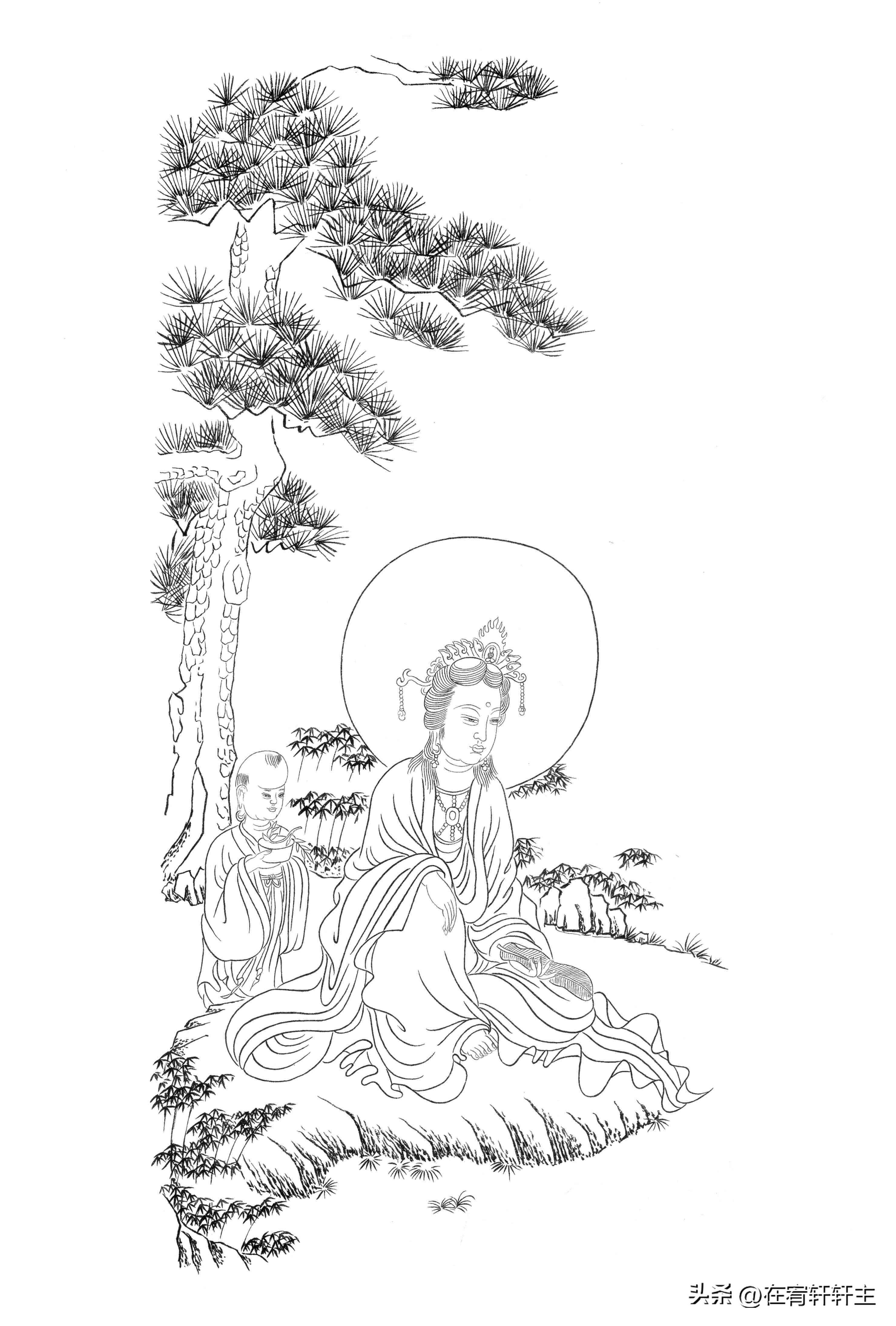 工笔白描观音苏柏斗,工笔画国画白描观音