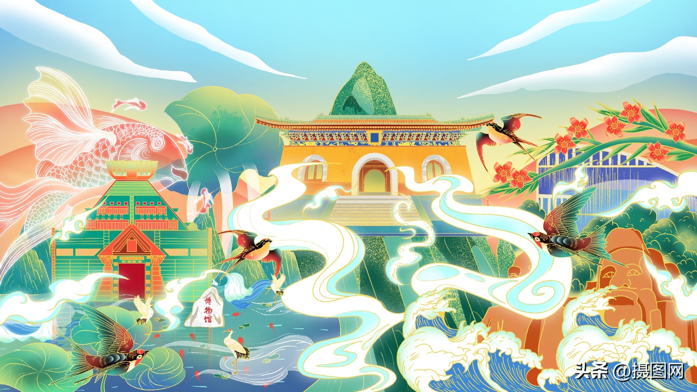 治愈系城市风景插画,扁平风插画风景城市