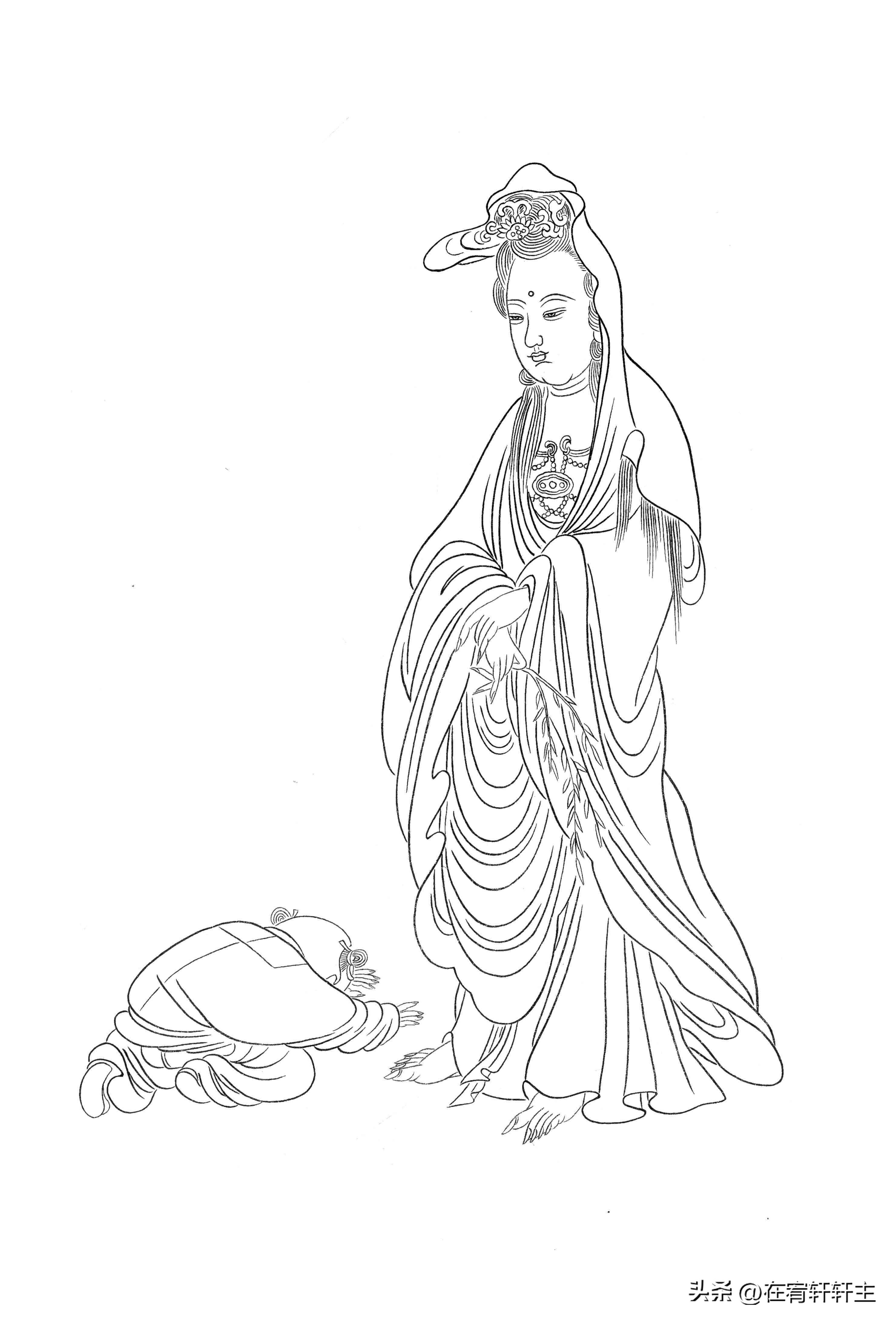 工笔白描观音苏柏斗,工笔画国画白描观音