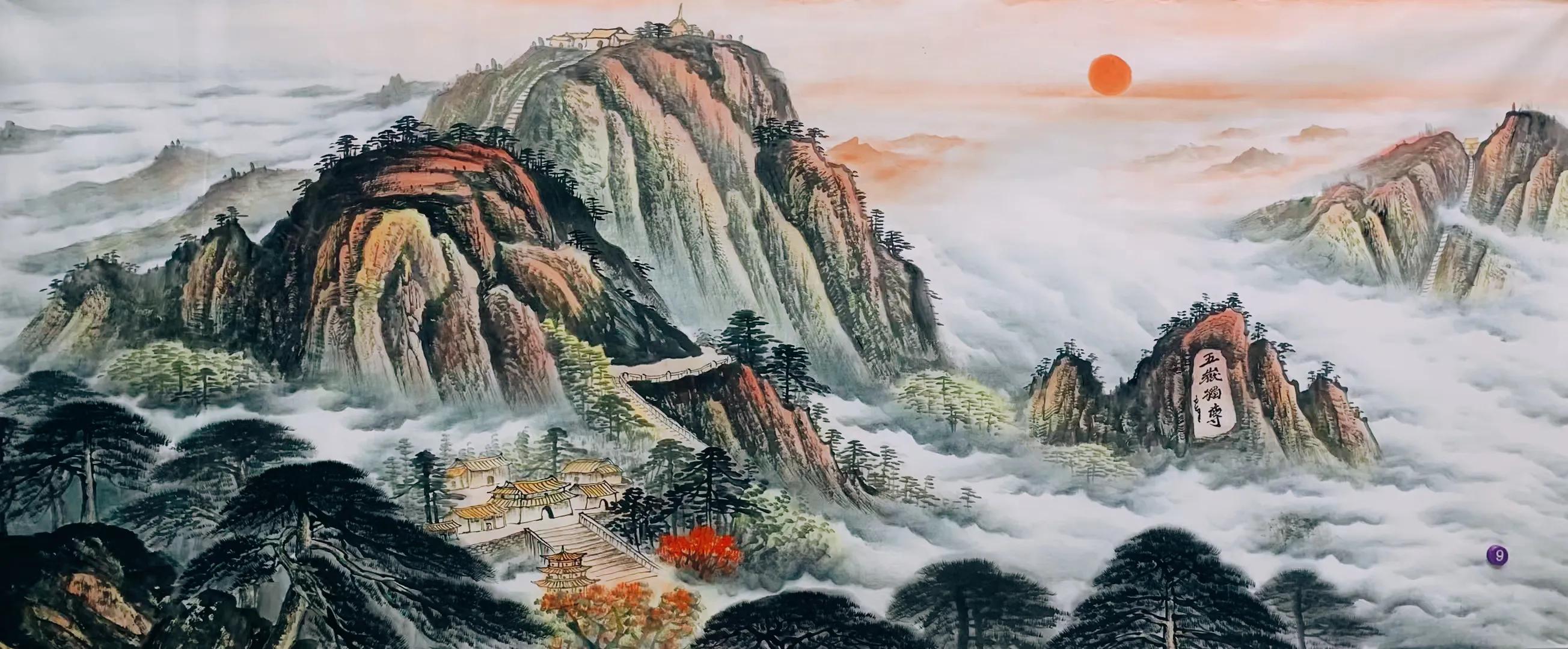 办公室山水画背景墙挂画流水生财,鸿运当头山水画背景墙办公室