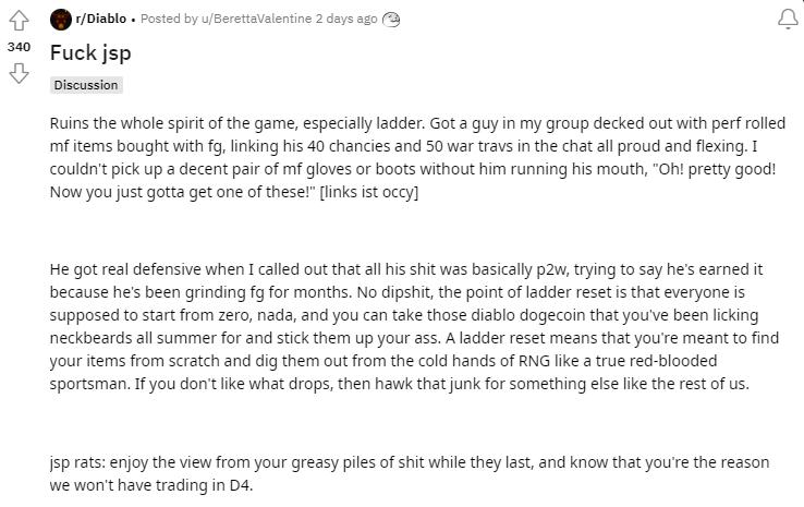 装备绑定能接受吗？D2jsp交易遭怒喷暗黑2重制版天梯赛季装备交换