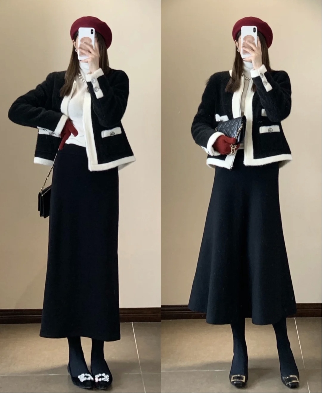 冬季流行鱼尾裙短款羽绒服穿搭,深色羽绒服搭配什么色的半身裙