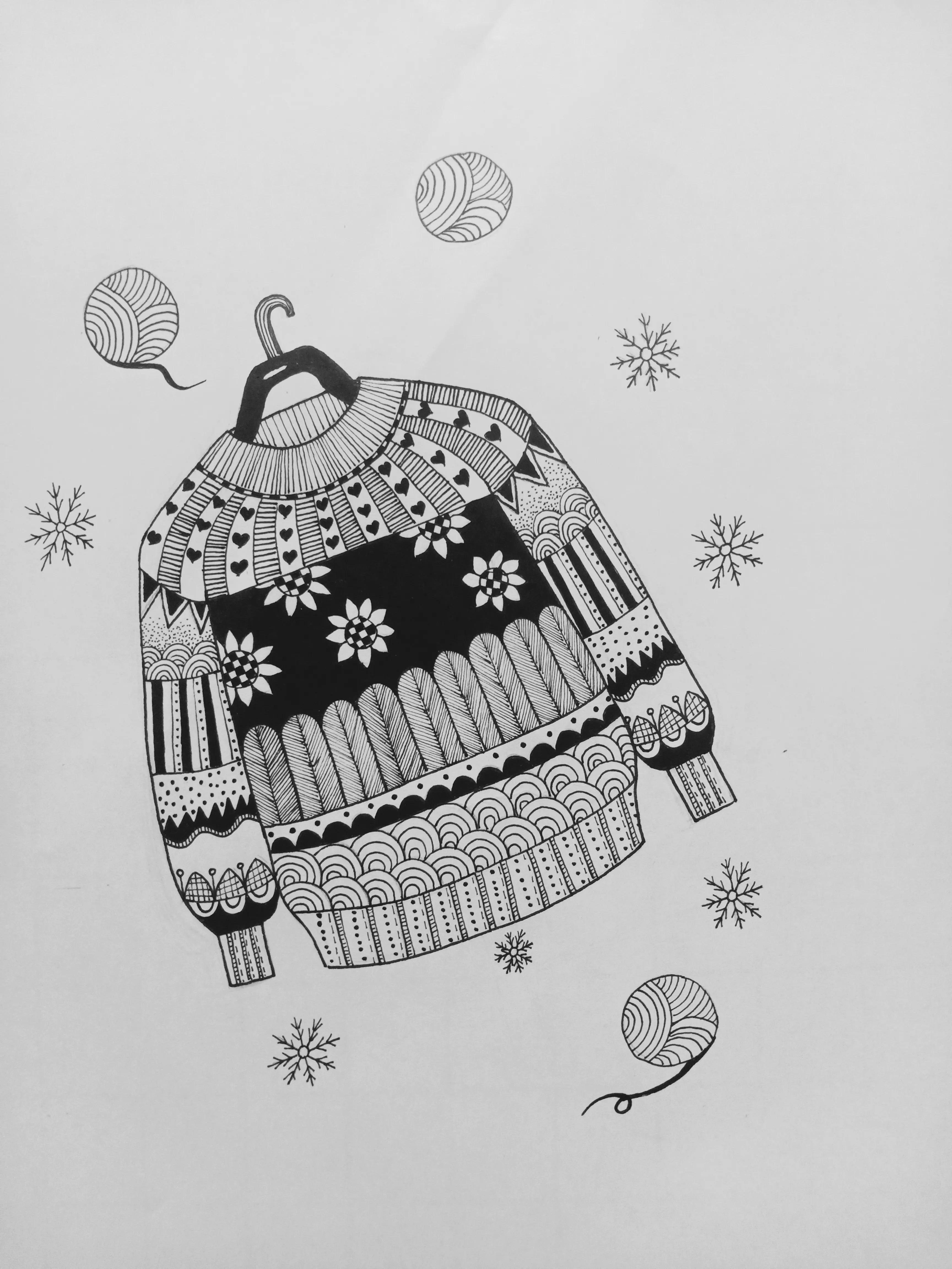 画毛衣线描画,女生红色毛衣线稿绘画教程