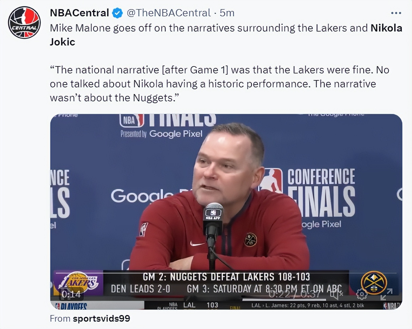 约基奇带队四连胜马龙,约基奇绝杀马龙赛后更衣室讲话