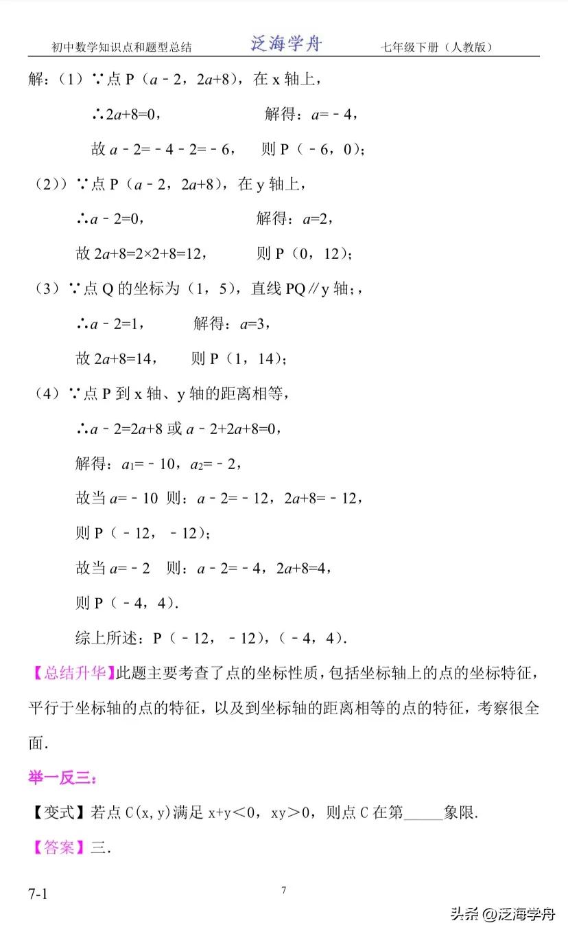 七下数学平面直角坐标系经典题型,初一下册数学知识点平面直角坐标