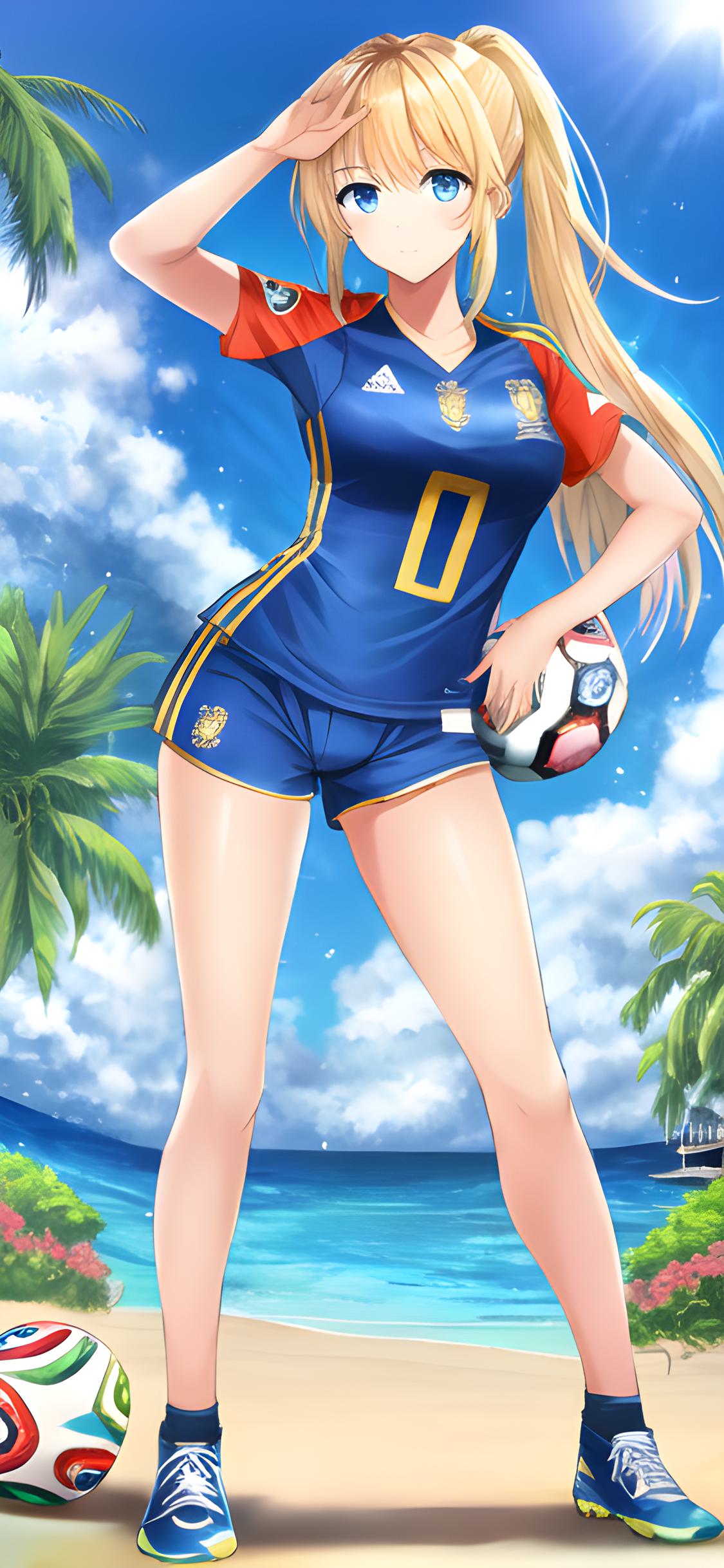 ai绘画夏日沙滩美女壁纸,二次元美少女壁纸足球