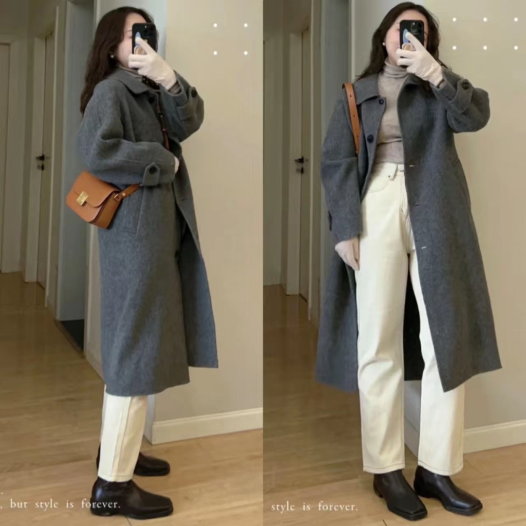 灰色大衣和黑色大衣哪个配jk好看,灰色双面羊绒牛角扣大衣小个子150