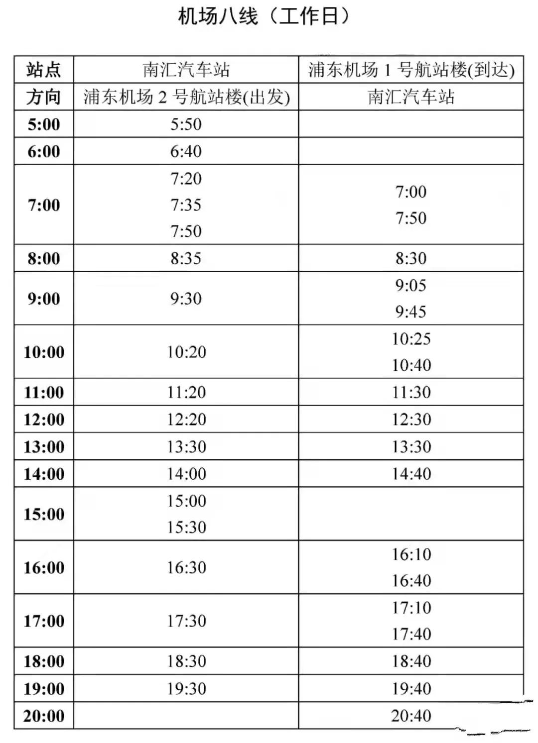 直达浦东机场大巴,浦东机场到虹桥高铁站巴士时刻表