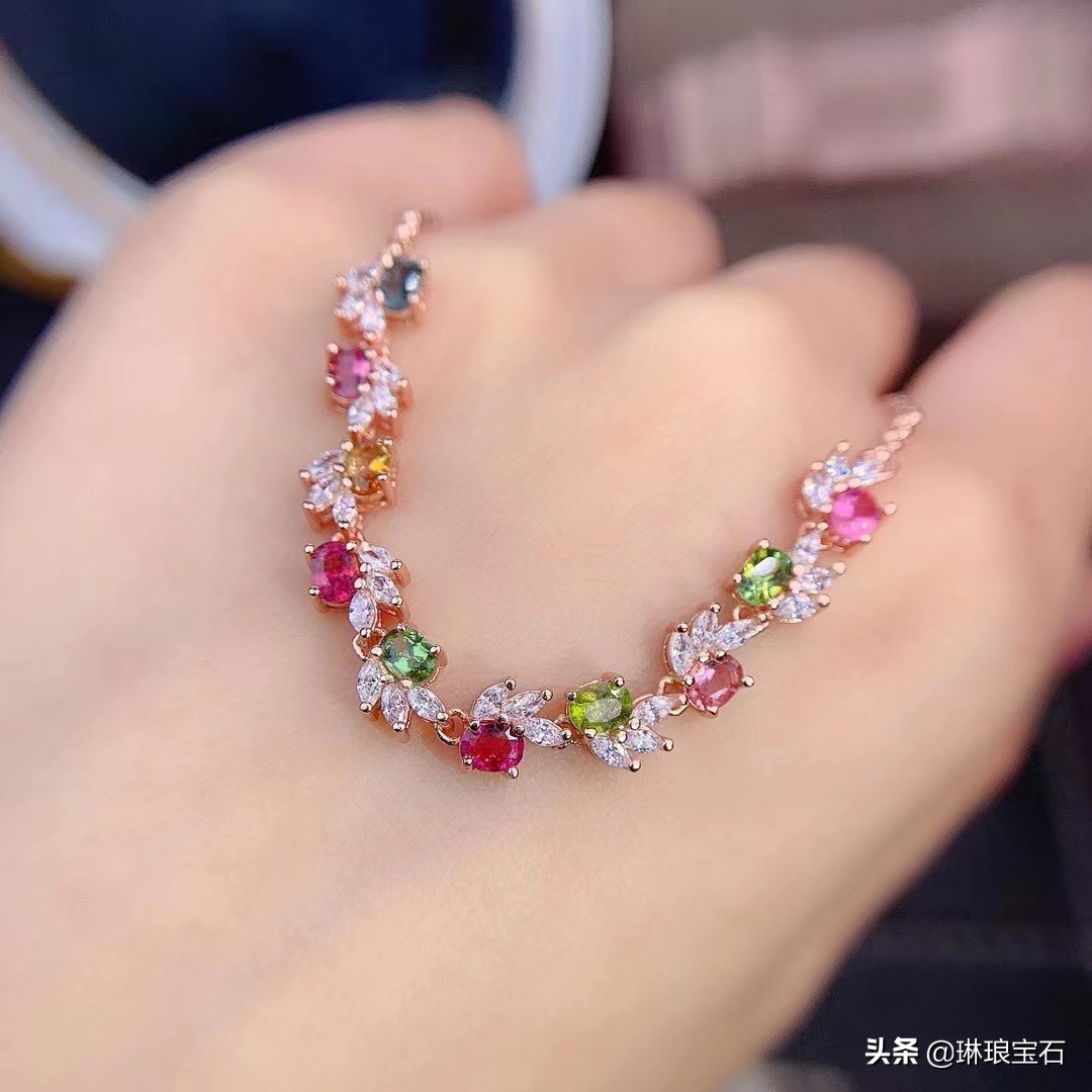 18k金天然碧玺手链长18cm可调节,纯天然彩虹亮色碧玺多圈手链