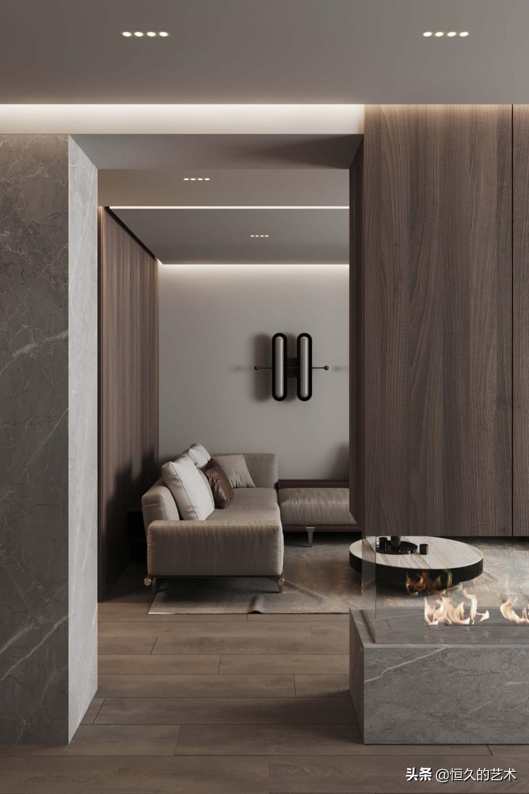 客厅石材木饰面效果,石材和实木搭配装修效果图