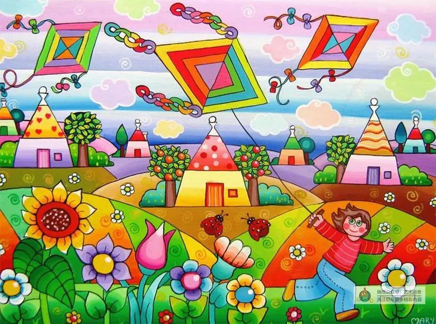 春日荡秋千放风筝儿童画,创意美术春日浪漫郁金香儿童画