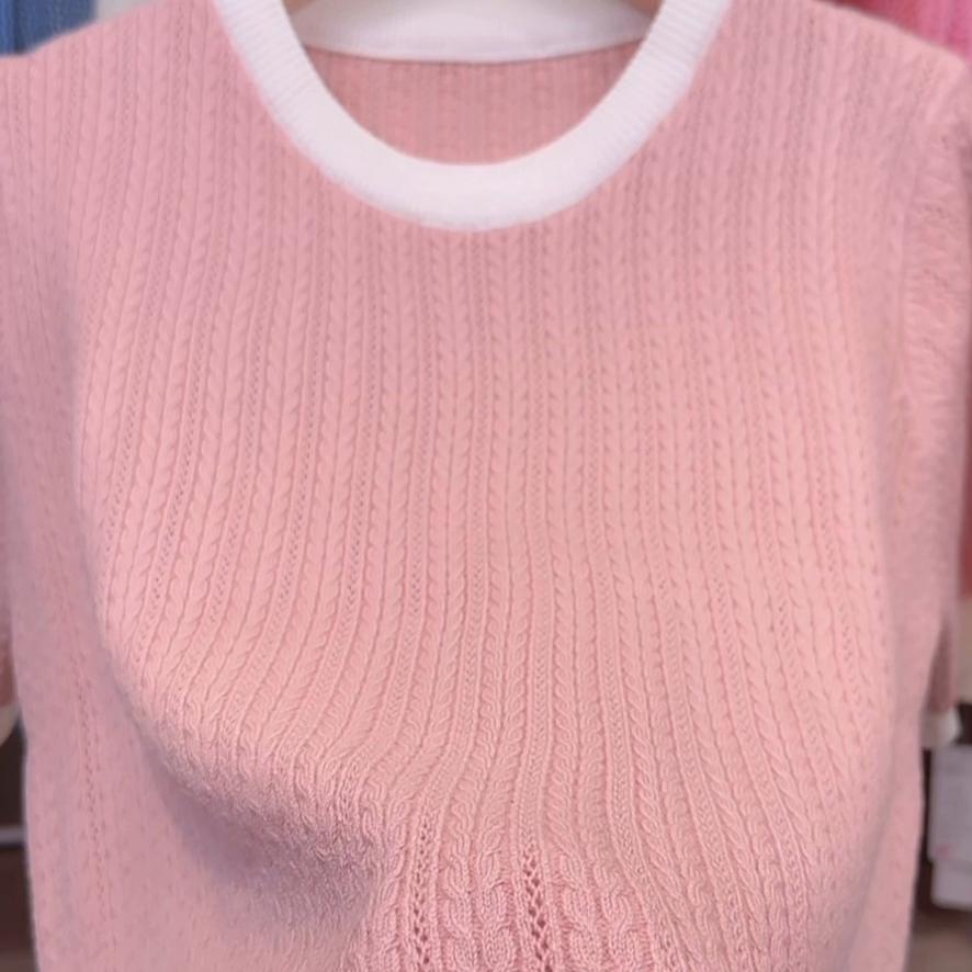 针织衫女夏短袖宽松慵懒感,2024新春夏季薄款镂空针织衫