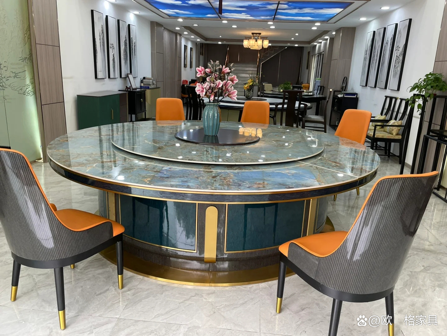 酒店电动餐桌轻奢岩板大圆桌,酒店大理石餐桌电动圆桌