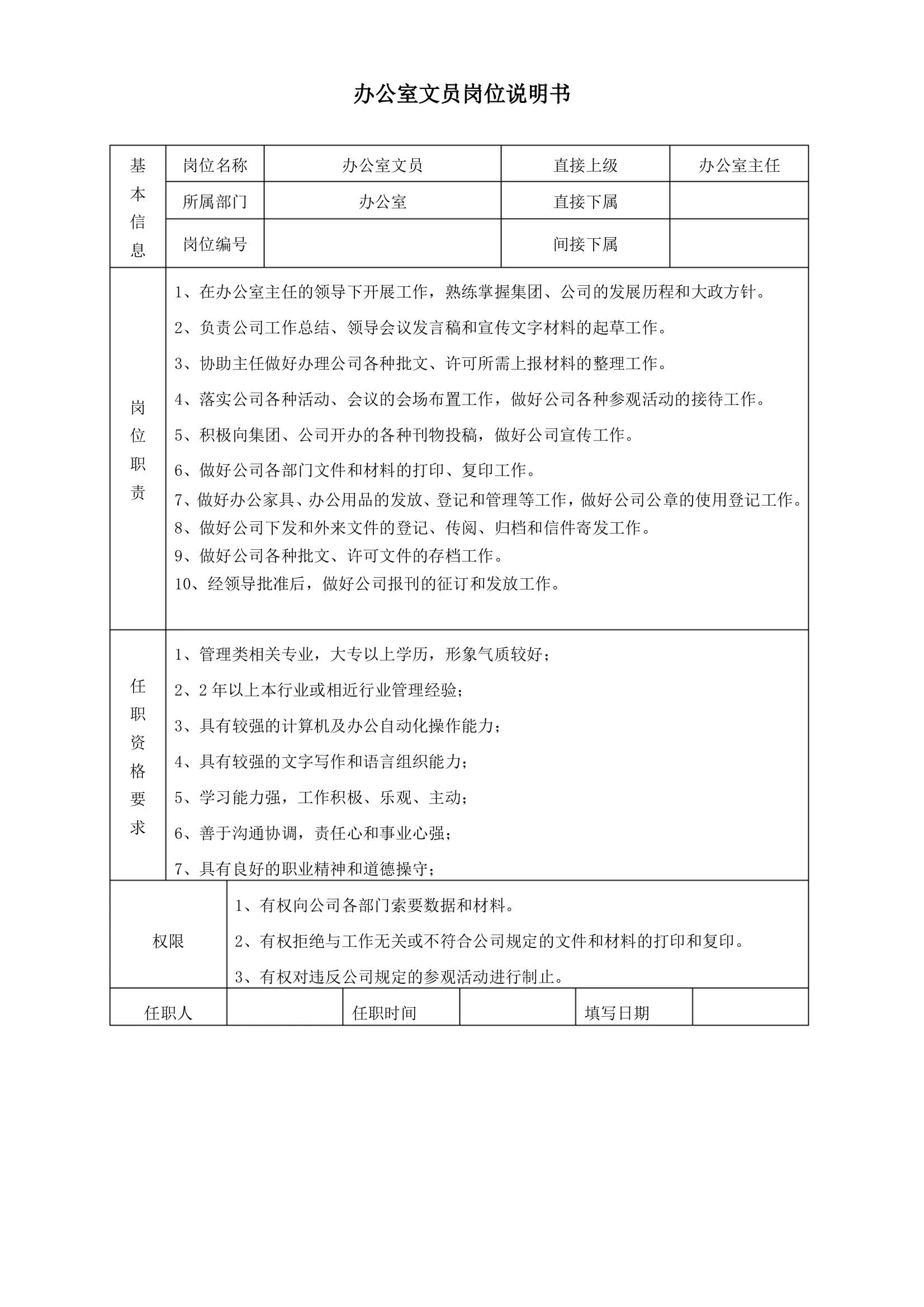 非常详细的岗位职责说明书,最全岗位说明书