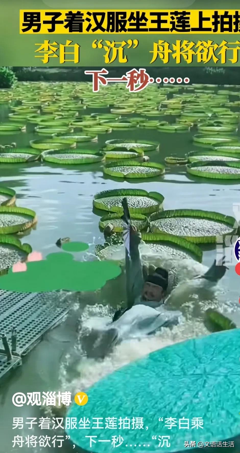 古装男子穿汉服站荷叶上,一男子穿着汉服