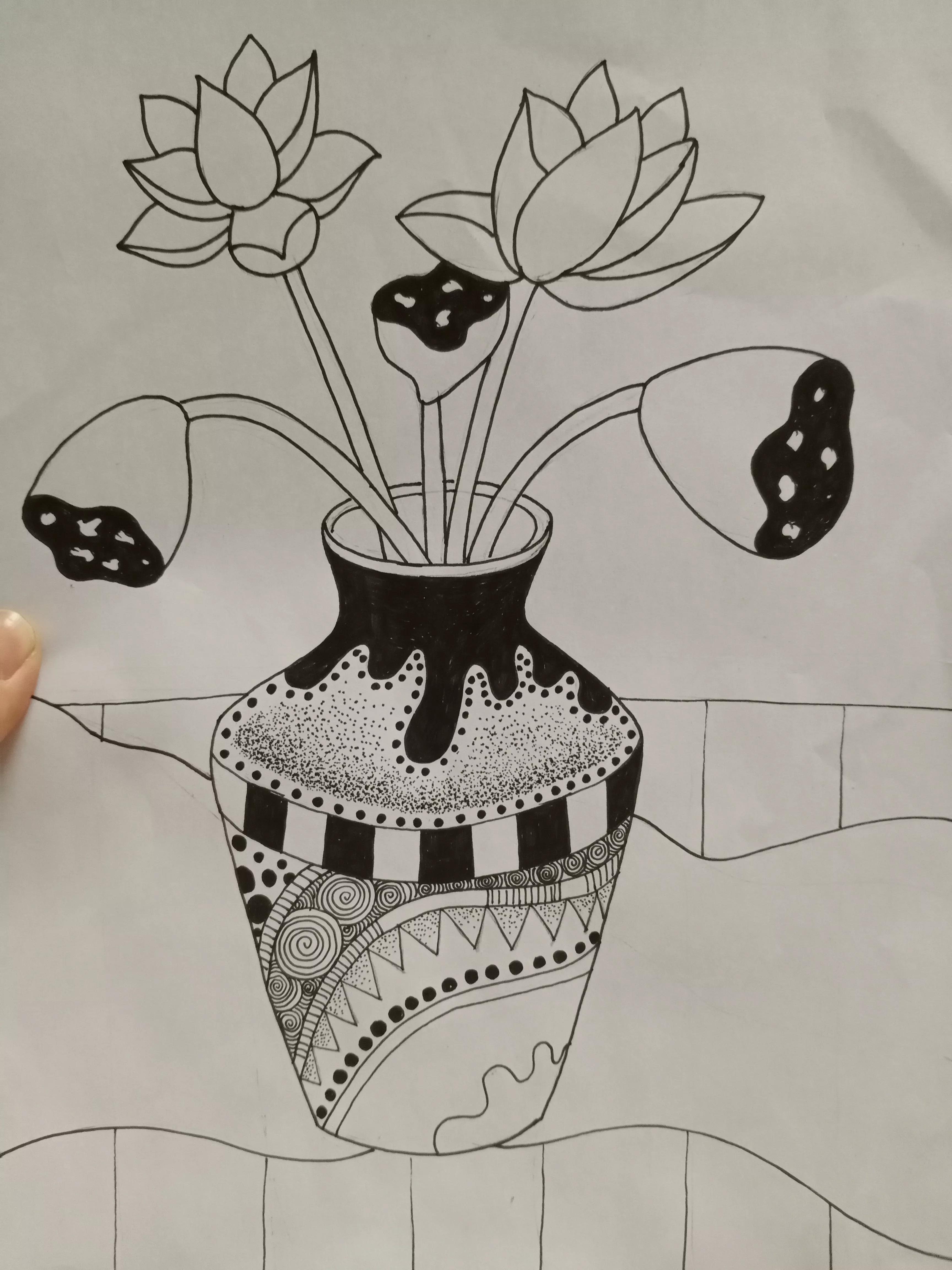 花瓶里的花线描画,线描画花瓶教学视频