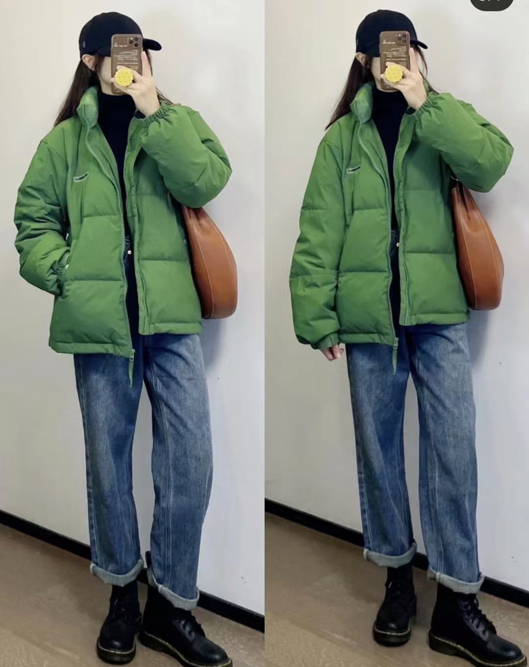 19冬羽绒服穿搭,韩款黑色羽绒服搭棕色长靴