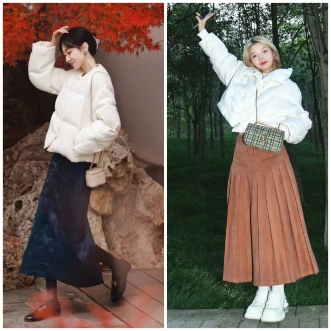 浅蓝色羽绒服怎样搭配黑色半身裙,短款白色羽绒服的最佳搭配半身裙