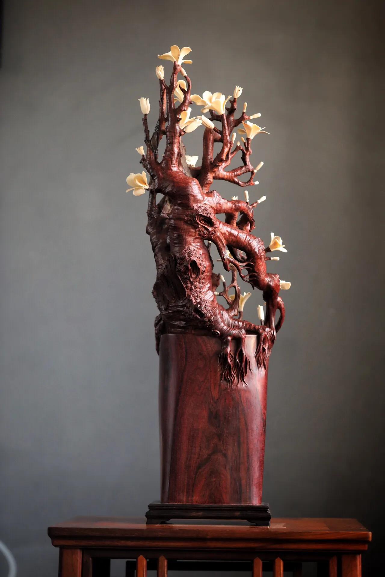 印度产小叶紫檀大象摆件,小叶紫檀镶嵌猛犸是怎么做到的