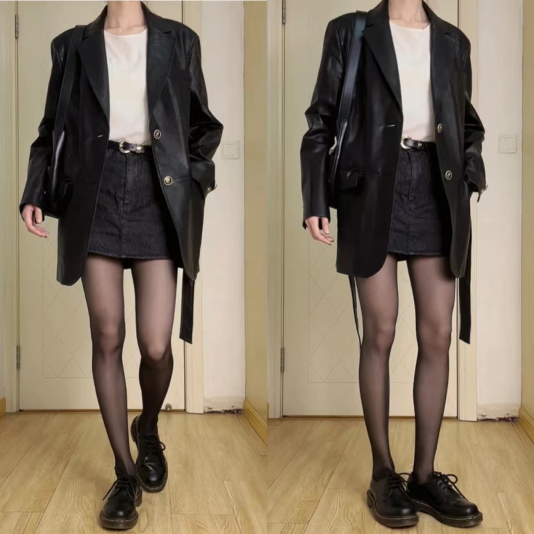 秋冬黑色宽松皮衣两件套,40-50岁洋气皮衣套装