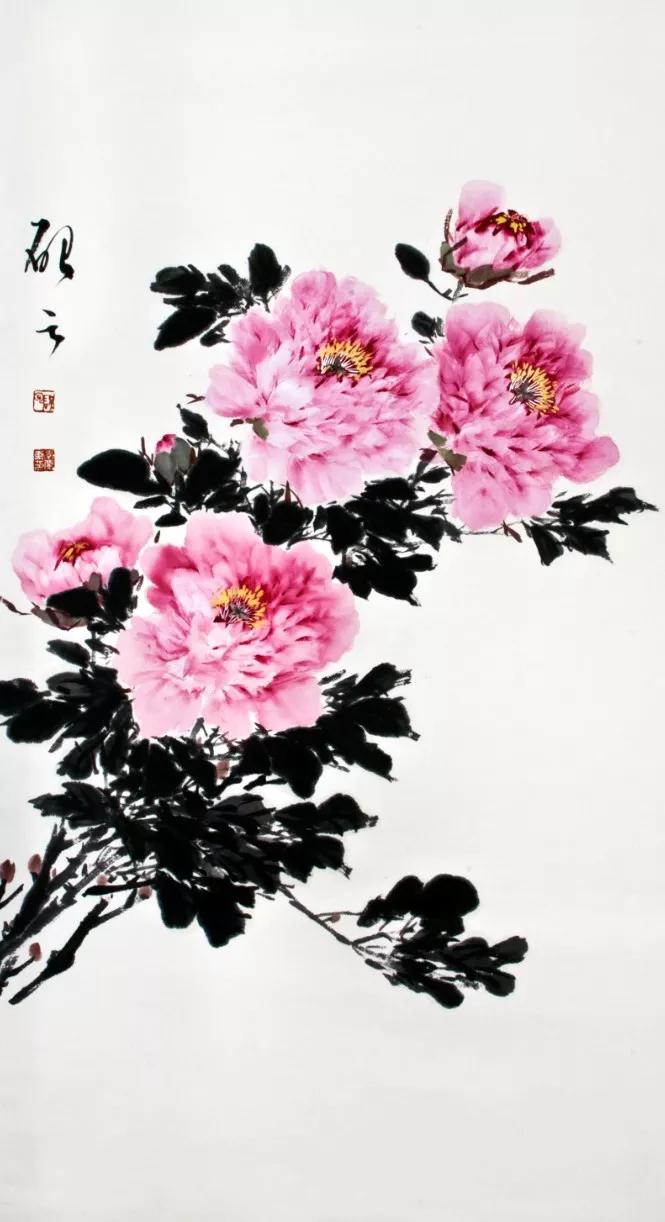 名家写意孔雀牡丹横幅画图片大全,国画写意牡丹画作品名家