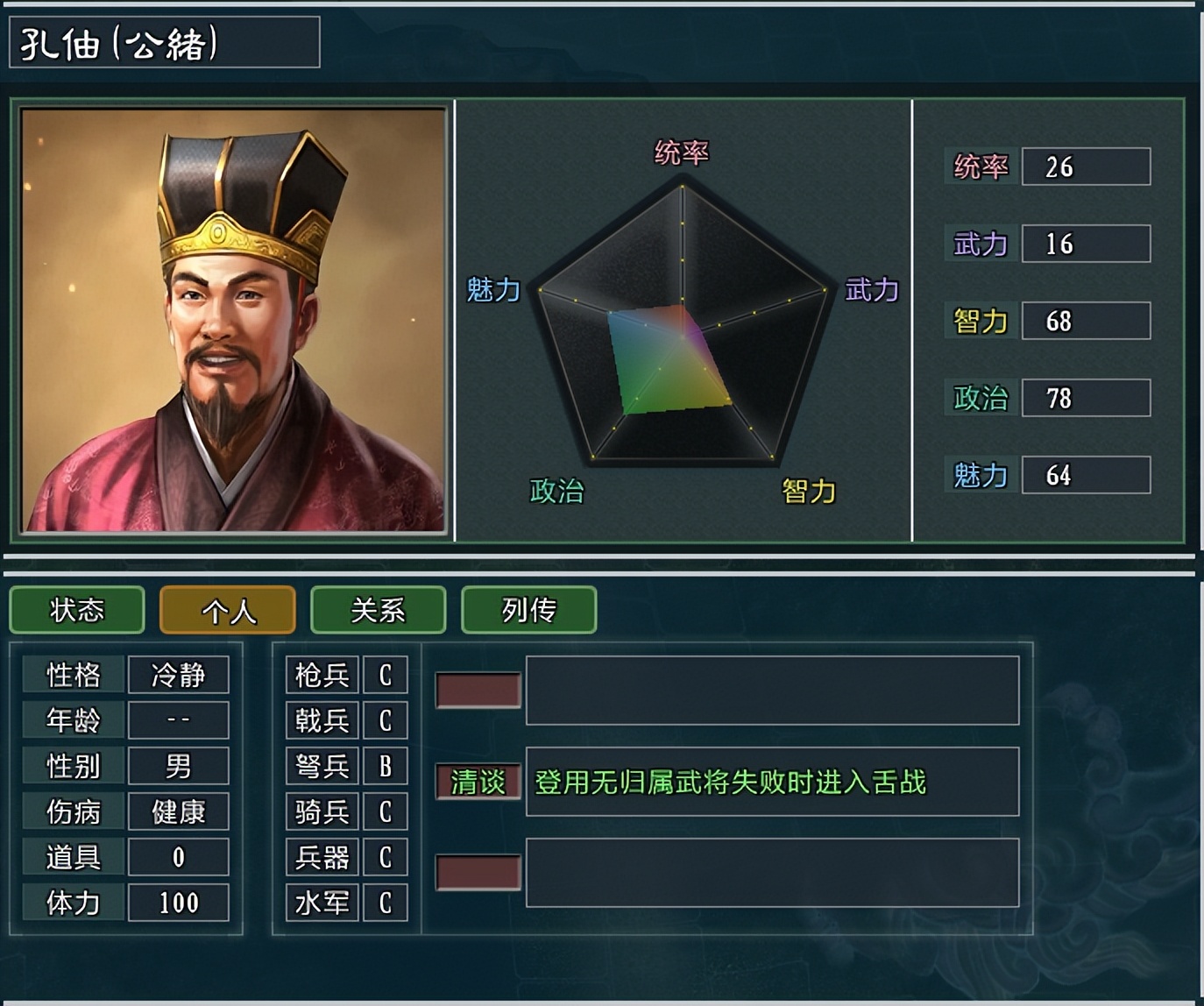 三国志11大浪淘沙势力测评：到了大城市的孔伷，反而活不下去了