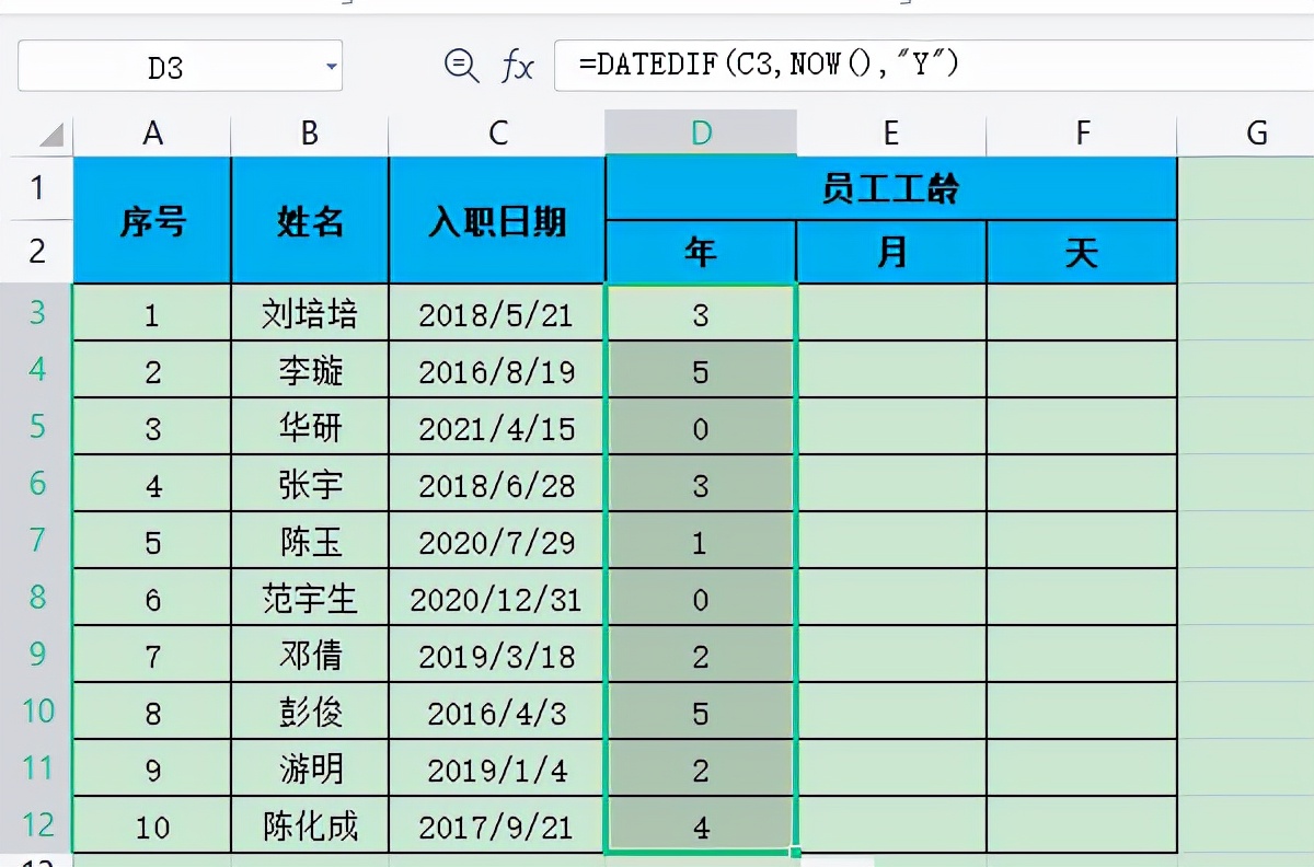 excel怎么计算工龄一个函数帮你忙,excel计算工龄精确到小数点后两位