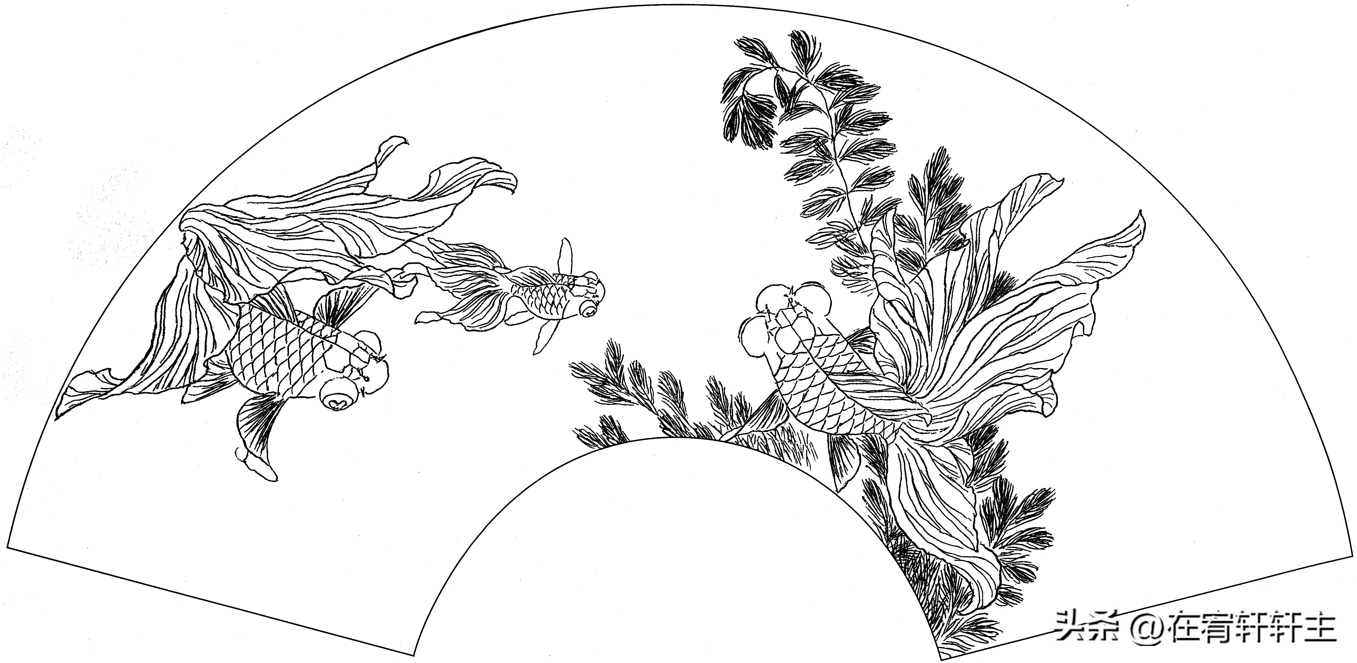 工笔白描祥云图案扇面,工笔扇面葡萄白描图片