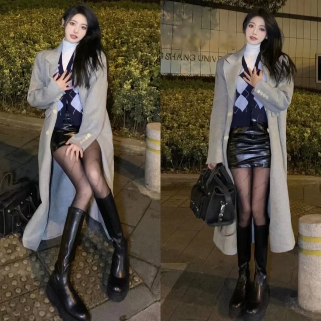 灰色大衣和黑色大衣哪个配jk好看,灰色双面羊绒牛角扣大衣小个子150