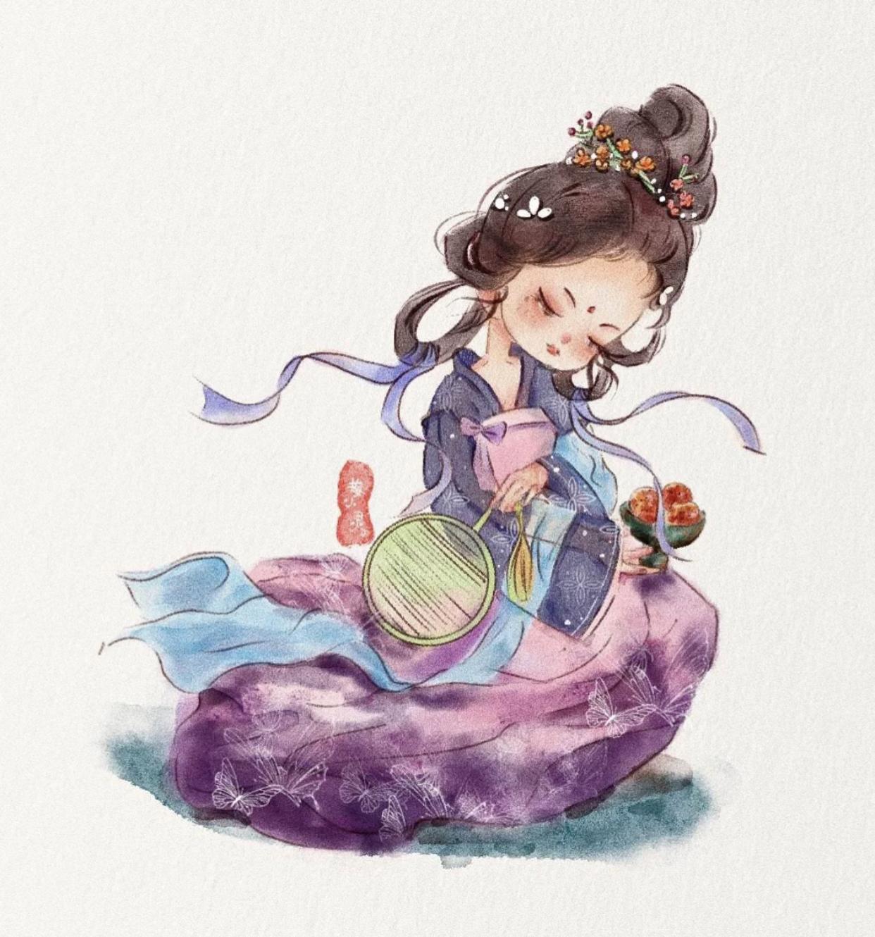 可爱的古风小人插画,古风插画风景手绘简单小图案黑白