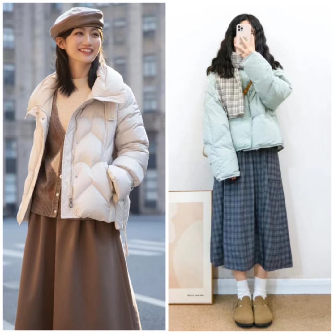 短款白色羽绒服的最佳搭配半身裙,羽绒服搭配哪些裙子才时髦