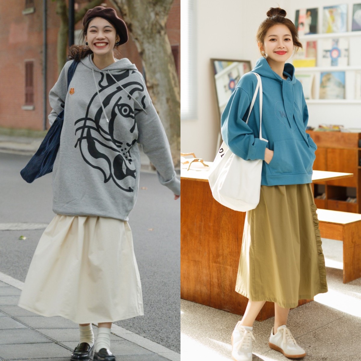 卫衣今年流行这样搭时髦又减龄,卫衣半裙秋天这样穿简直美爆了