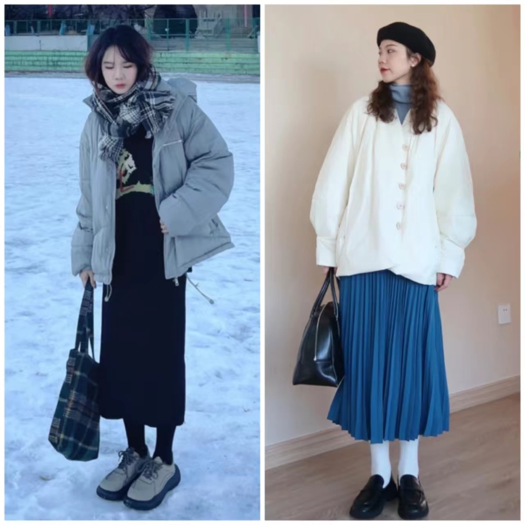 浅蓝色羽绒服怎样搭配黑色半身裙,短款白色羽绒服的最佳搭配半身裙
