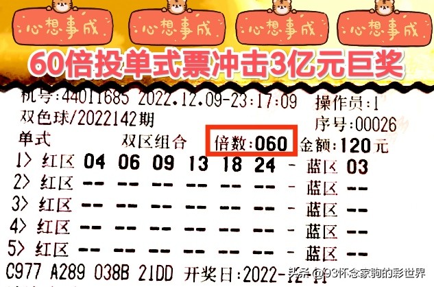 双色球第22142期数据分析及晒票！60倍投单式票冲击3亿元巨奖