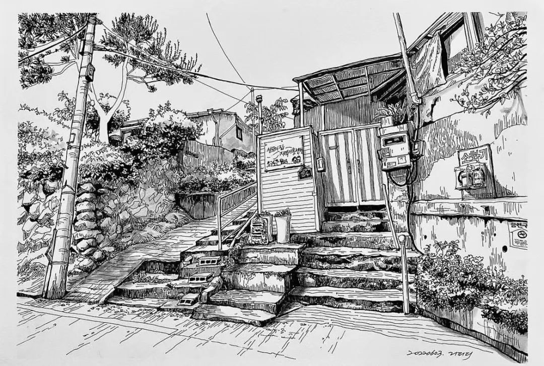 日本画家创作的铅笔街景速写,韩国速写大师