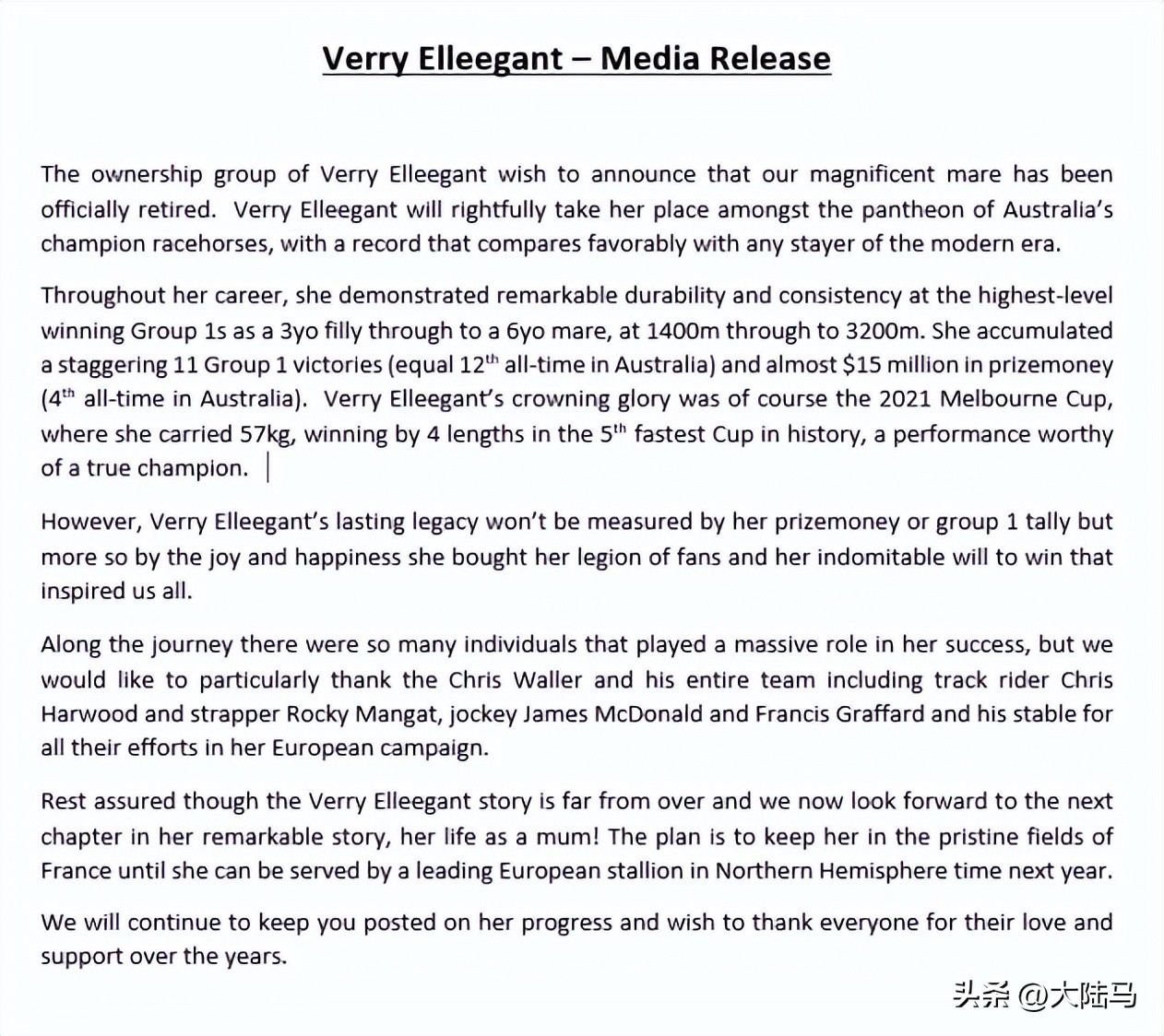 11场一级赛冠军雌马“雍容尔雅”正式退役，将在欧洲配种