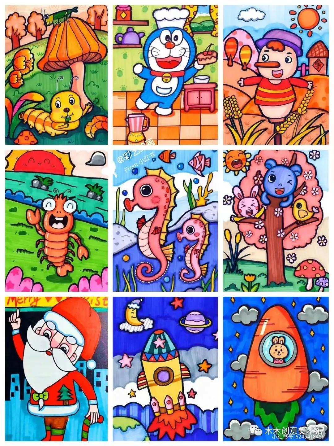 手绘临摹素材1000例马克笔儿童画,24色马克笔画画教程简单儿童