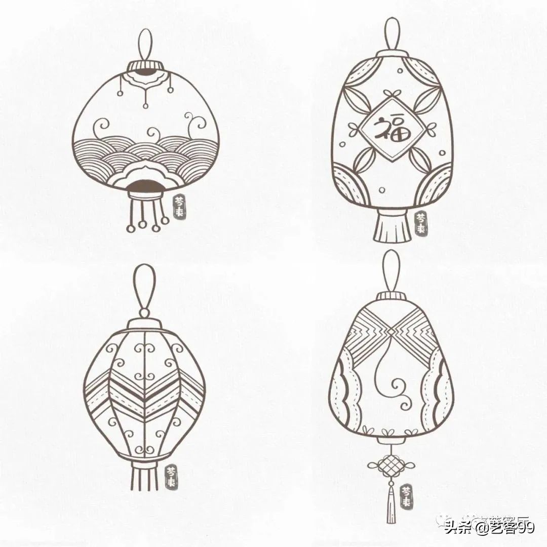 正月十五观花灯的绘画,正月十五月儿圆大红的灯笼