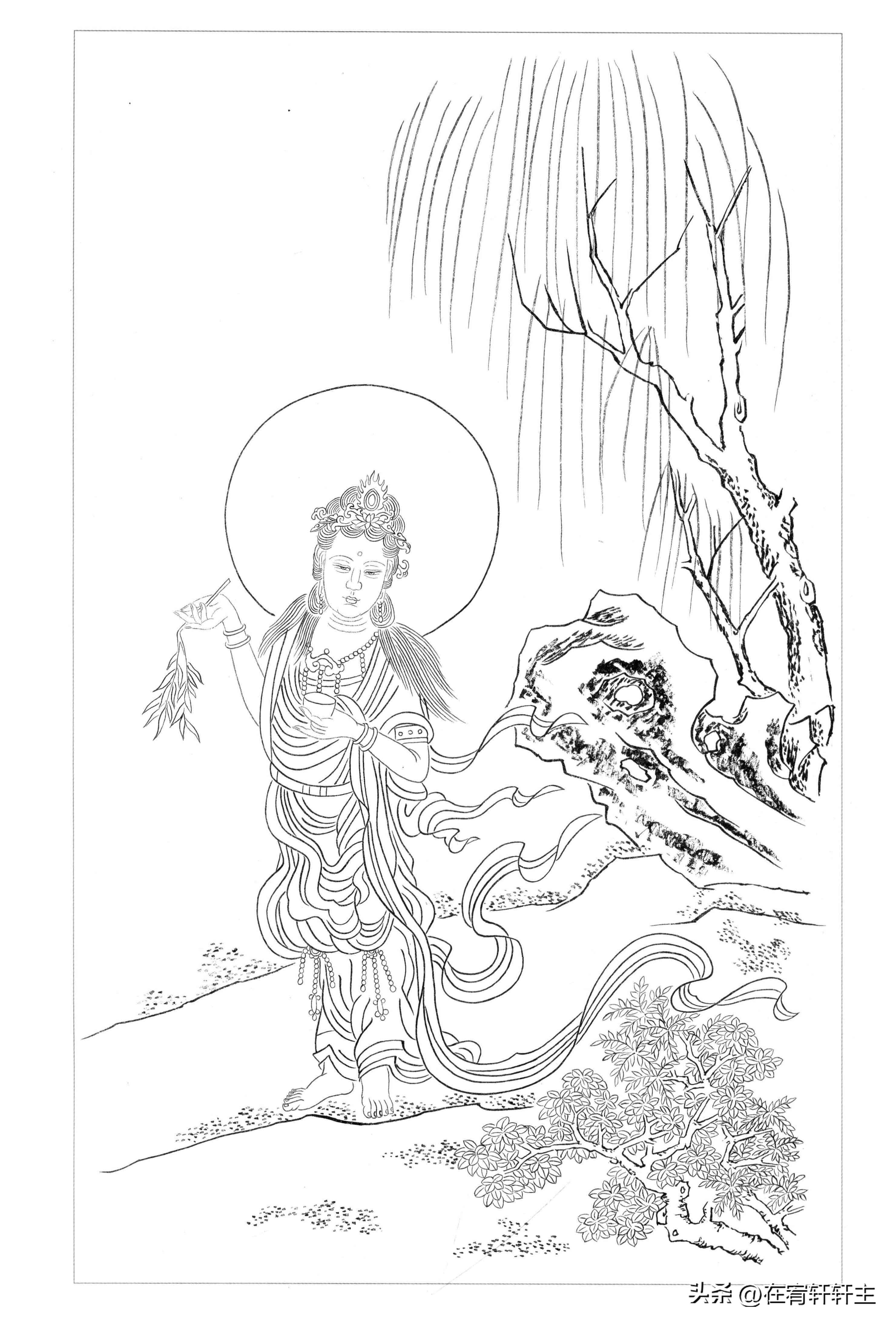 工笔白描观音苏柏斗,工笔画国画白描观音