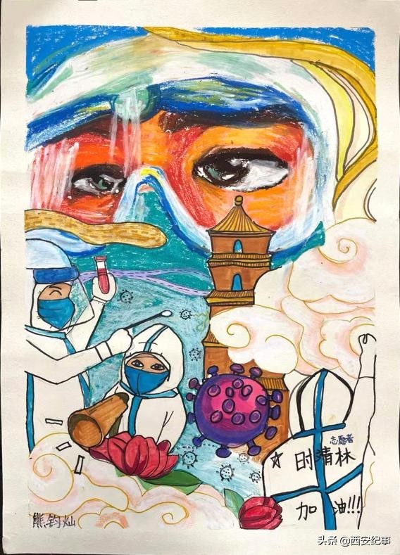 童心共绘抗击疫情的绘画作品,童心抗疫致敬先锋美术作品