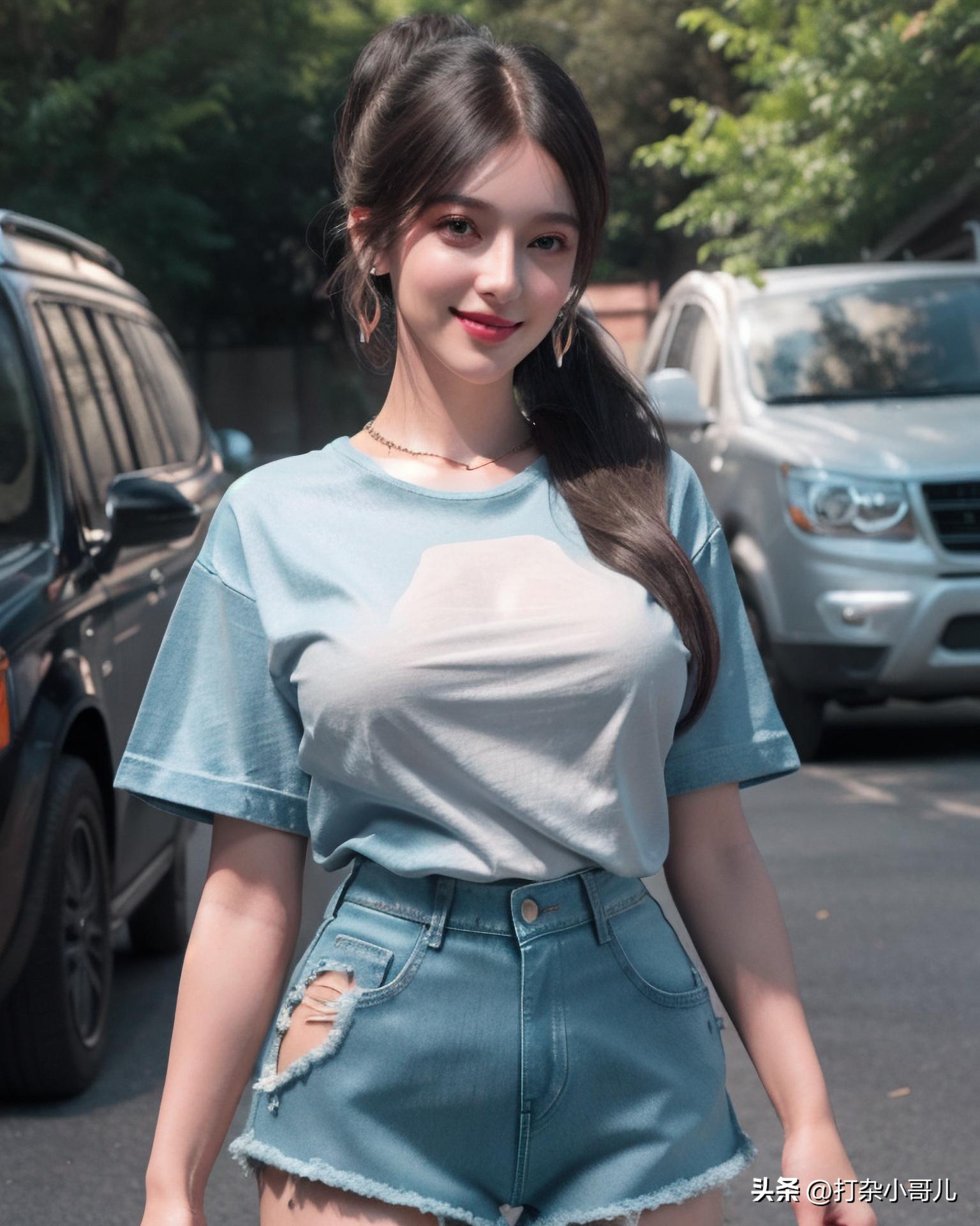 夏日穿搭黑短袖黑短裤,女款t恤穿搭女士牛仔短裤方法