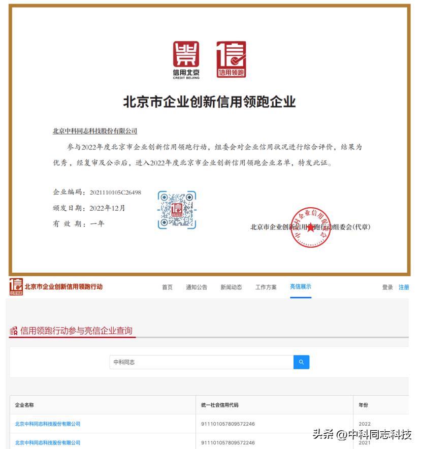 重磅入选！中科同志科技连续两年获北京市信用领跑行动企业