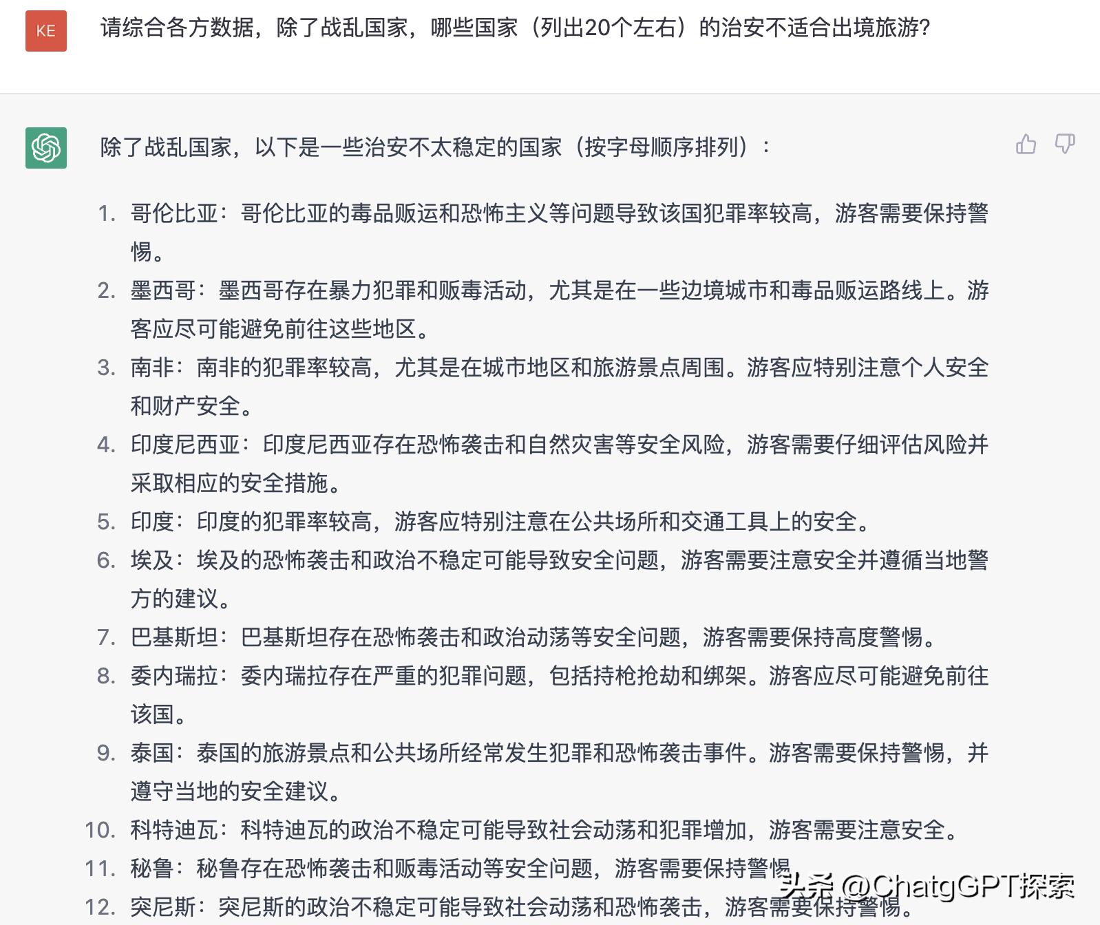 ChatGPT: 哪些国家的治安不适合出境旅游？