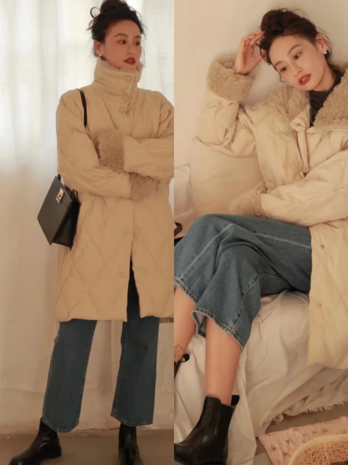 冬季长筒靴穿搭长羽绒服,冬季过膝长筒靴保暖穿搭