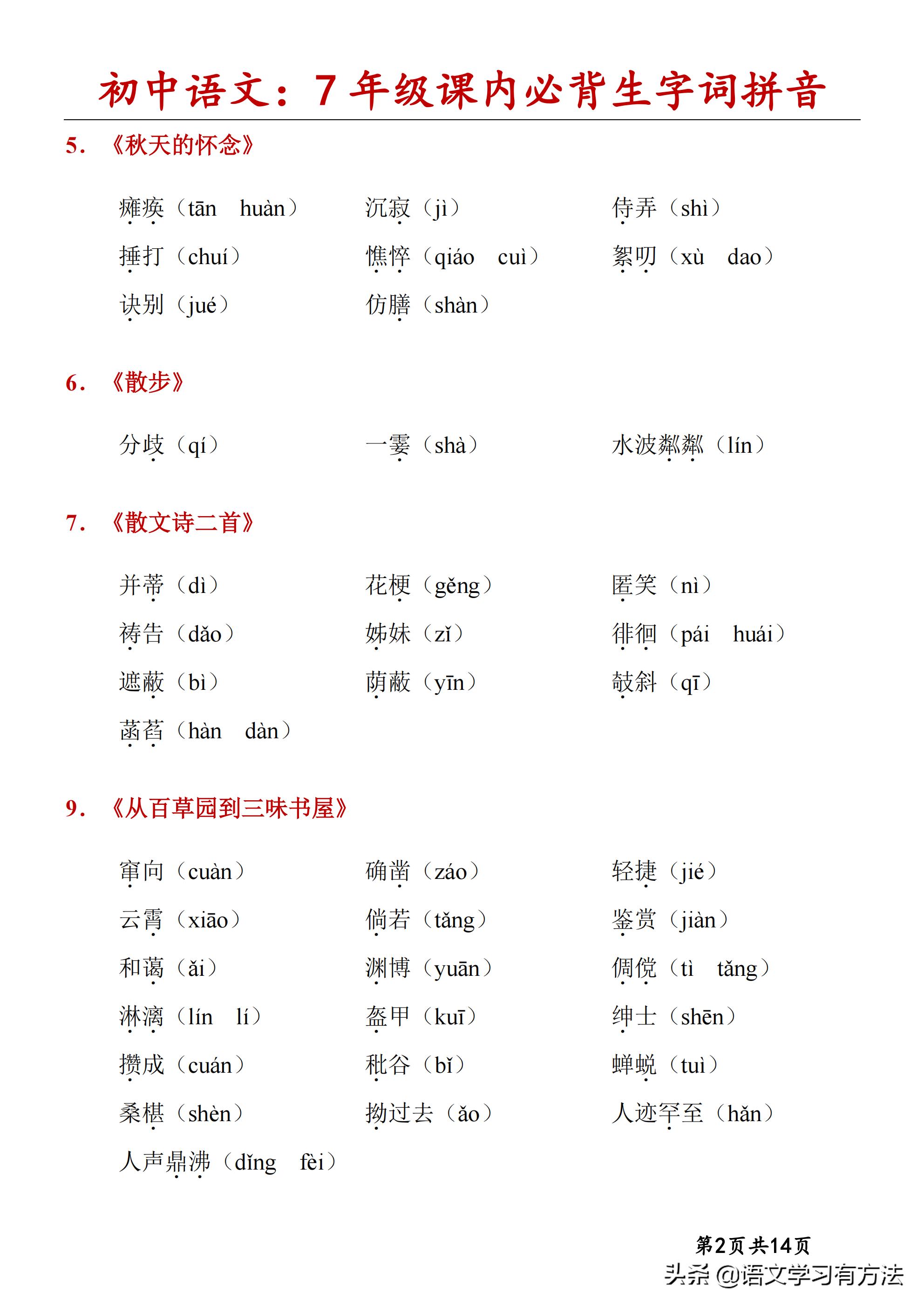 初中语文字词口诀,初中语文字词汇总7-9年级上下册